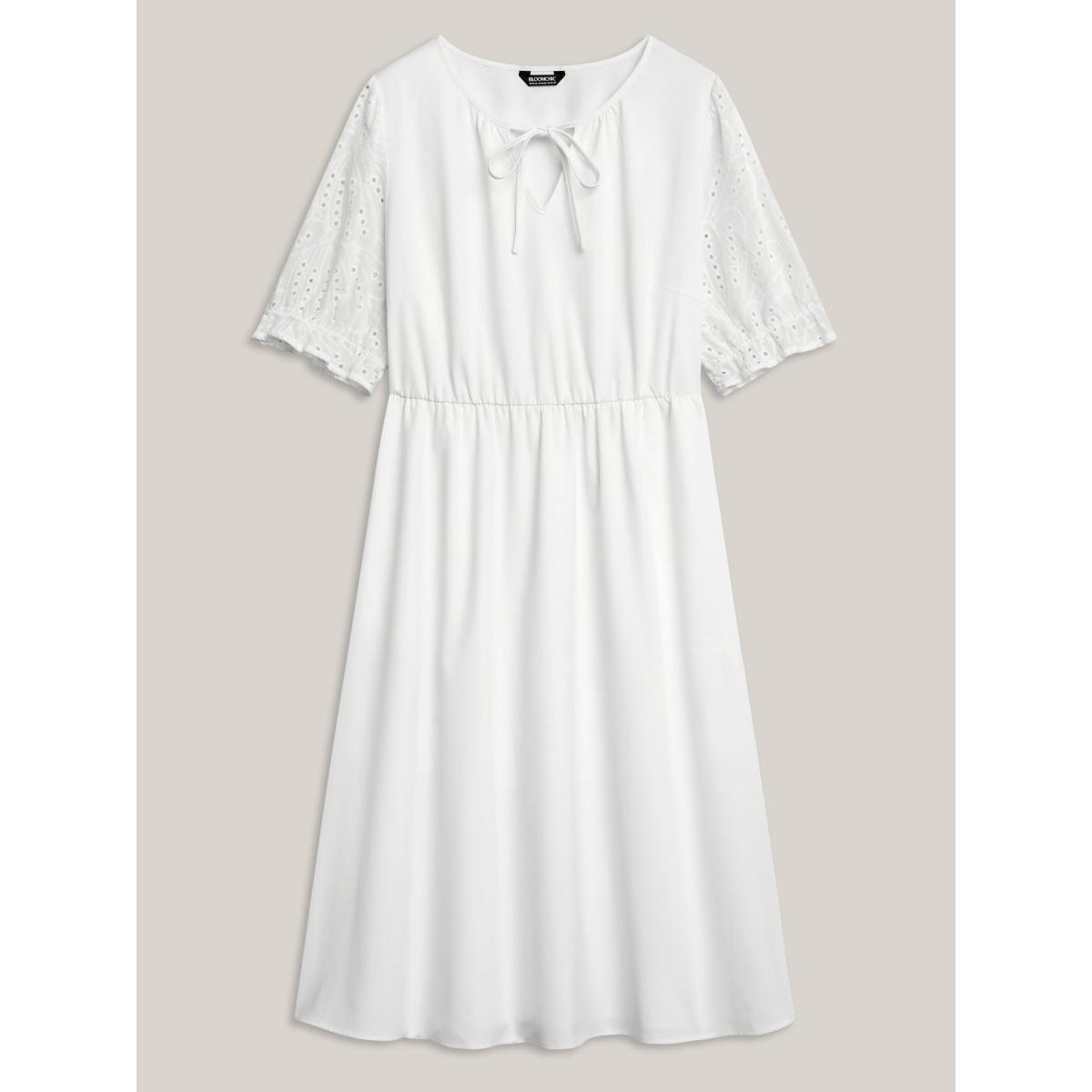 Plus Size Textured Eyelet Sleeve Pockets Midi Dress WhiteSmoke Women Flat collar with V-notch Half Sleeve Curvy BloomChic 14-16/1X Product Image