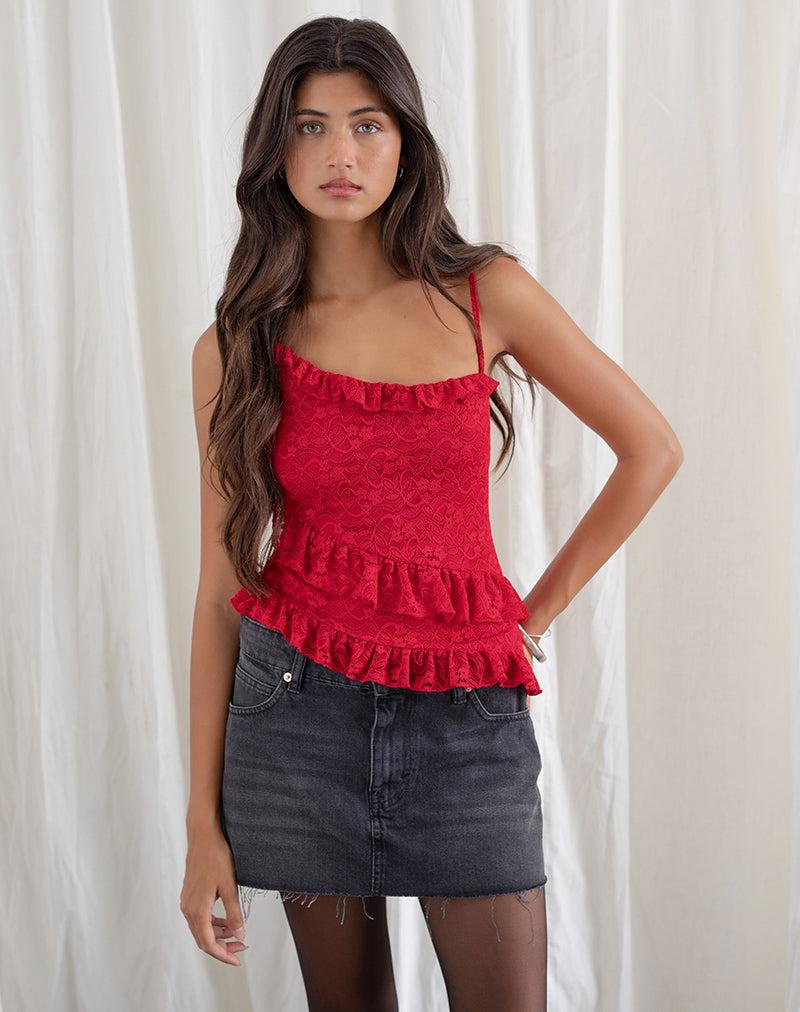 Octavia Asymmetric Cami Top in Lace Red Female Product Image