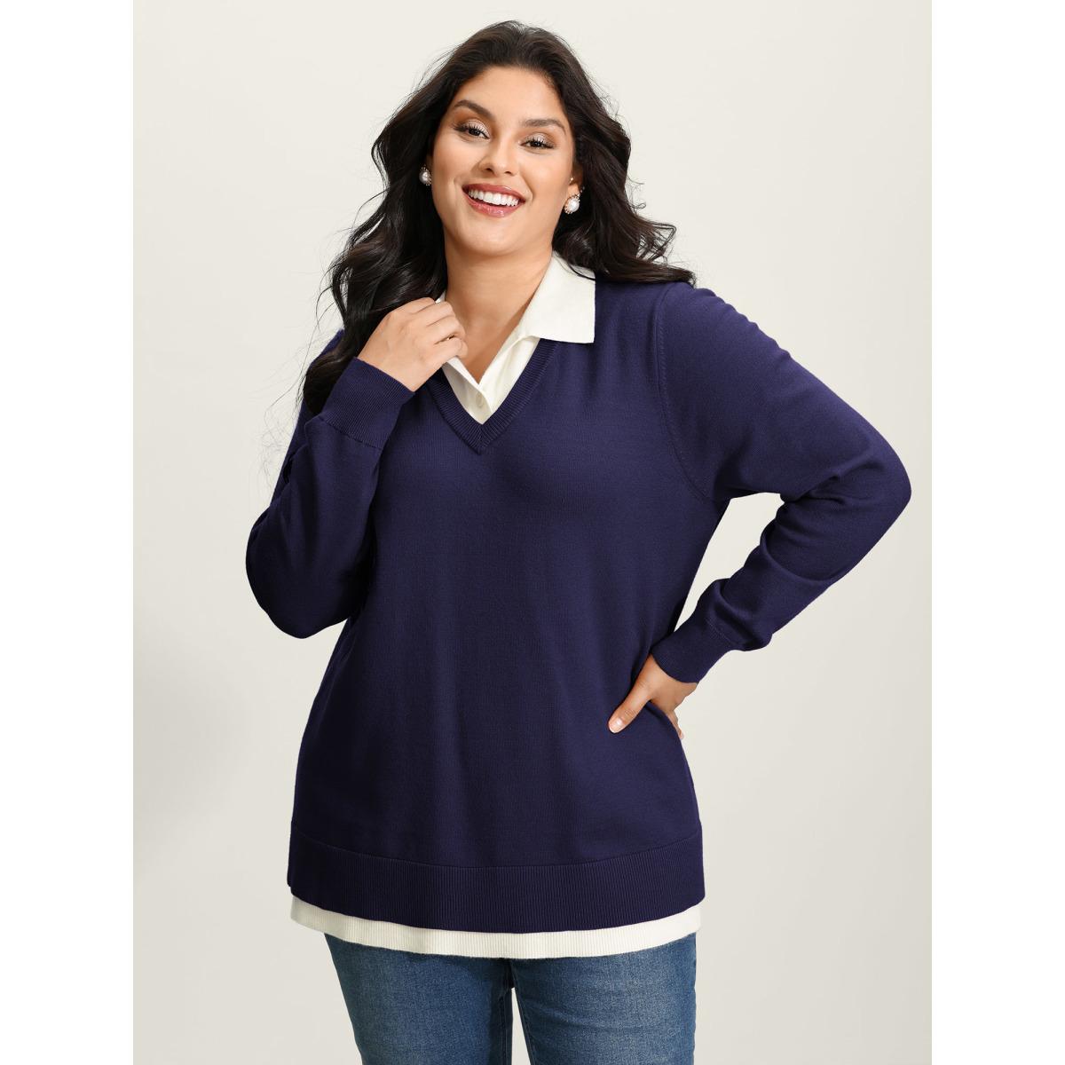 Plus Size Supersoft 2-in-1 Polo Collar Color Contrast Pullover Navy Women Office Loose Long Sleeve Polo Office Pullovers BloomChic 28/5X Product Image