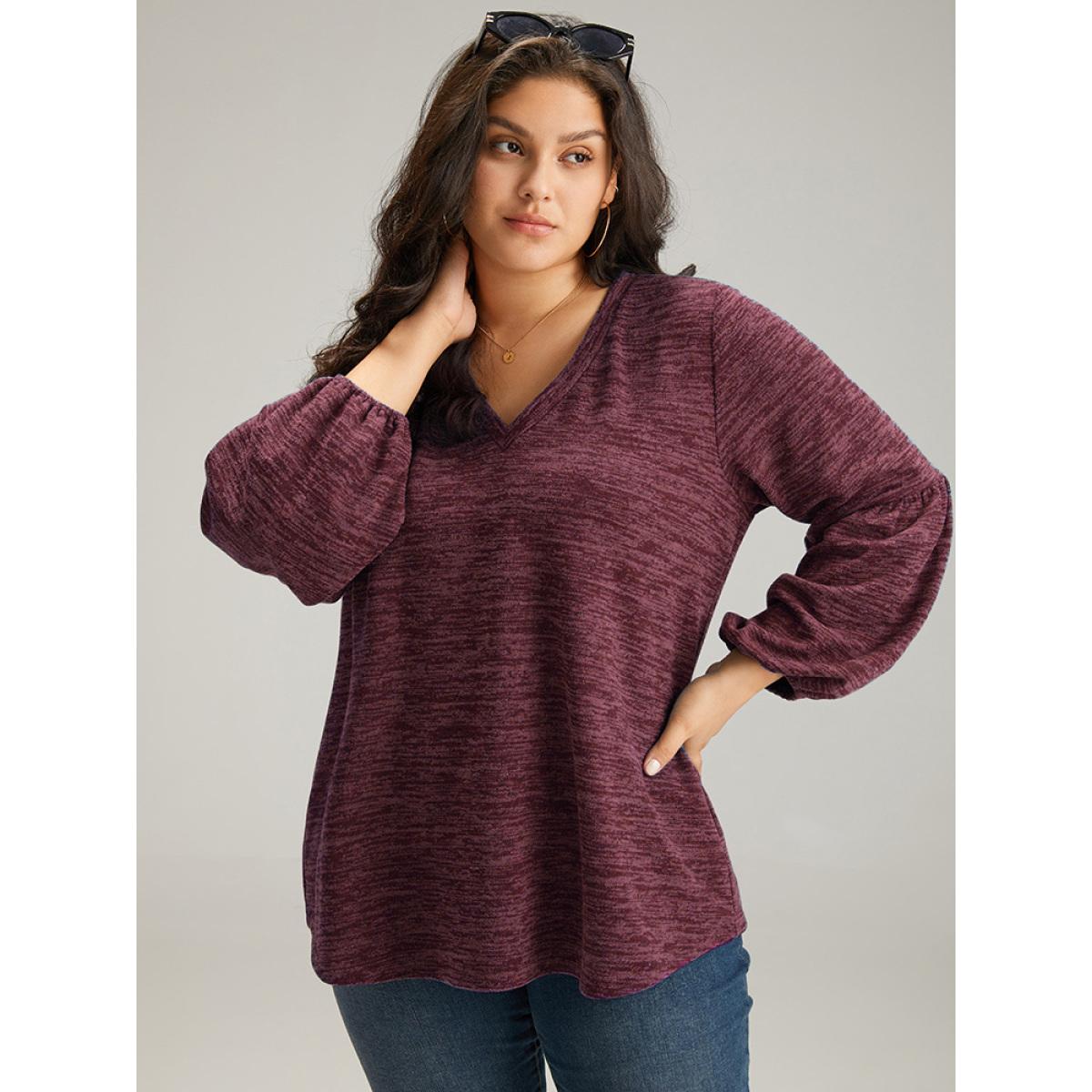 Plus Size Heather V Neck Lantern Sleeve Sweatshirt Women Cyan Casual Elastic cuffs V-neck Dailywear Sweatshirts BloomChic 10/M Product Image