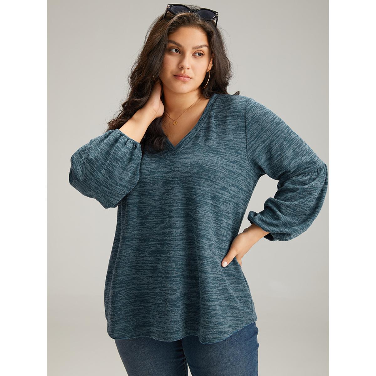 Plus Size Heather V Neck Lantern Sleeve Sweatshirt Women Cyan Casual Elastic cuffs V-neck Dailywear Sweatshirts BloomChic 10/M Product Image
