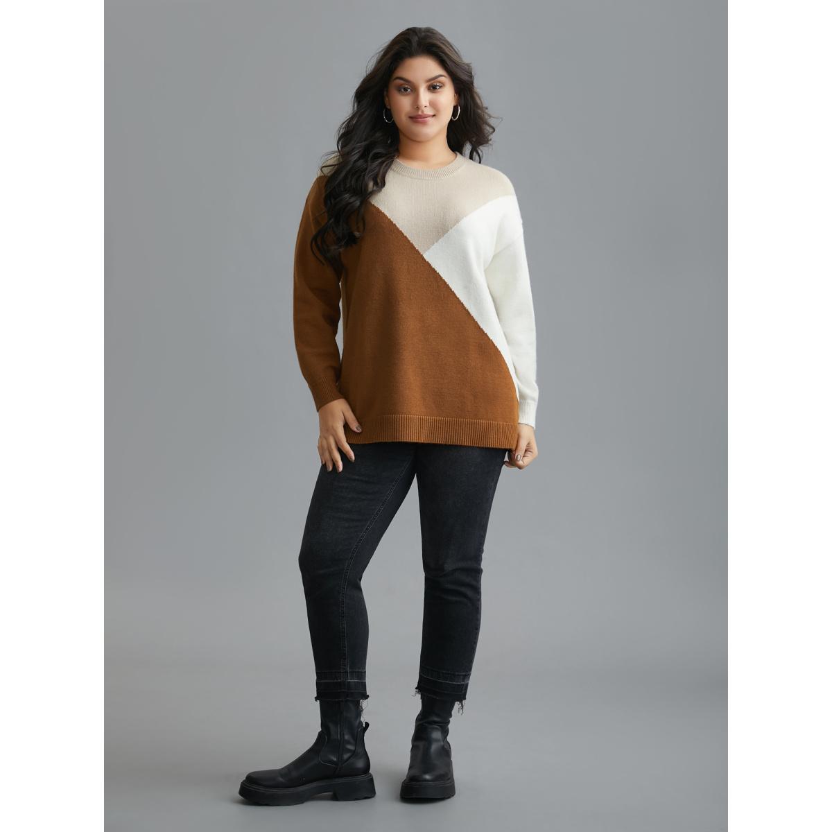 Plus Size Supersoft Essentials Color Block Crew Neck Pullover Yellowishbrown Women Casual Loose Long Sleeve Round Neck Everyday Pullovers BloomChic 22-24/3X Product Image