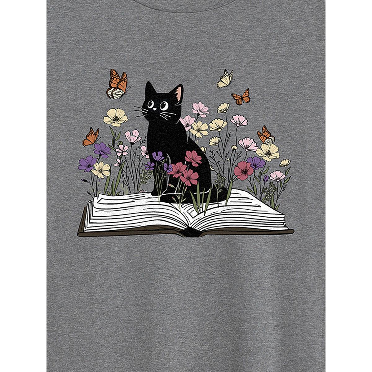 Plus Size Bookish Cat Printed Round Neck T-Shirt DarkGray Women Non Animals Round Neck Everyday-Casual T-shirts BloomChic 12/L Product Image