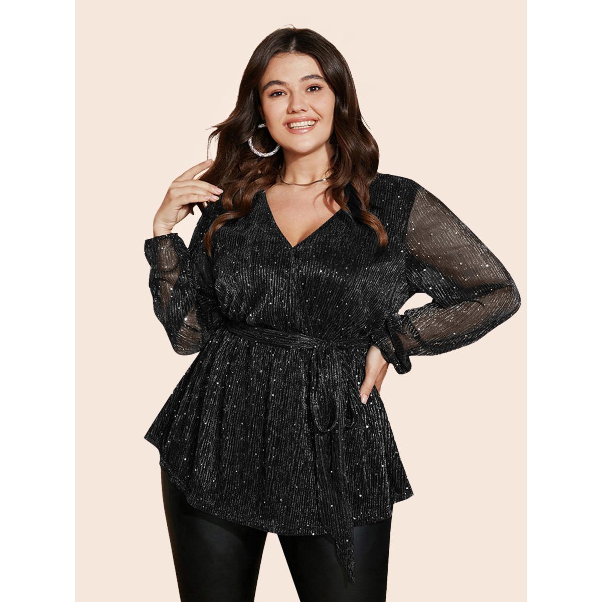 Plus Size Black Sequin Mesh Lantern Sleeve Wrap Belted Striped Blouse Women Party&Cocktail Long Sleeve Overlap Collar Party Blouses BloomChic 28/5X Product Image