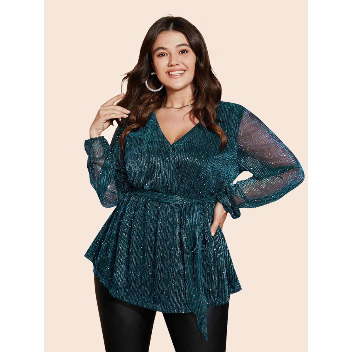 Plus Size Aegean Sequin Mesh Lantern Sleeve Wrap Belted Striped Blouse Women Party&Cocktail Long Sleeve Overlap Collar Party Blouses BloomChic 22-24/3X Product Image