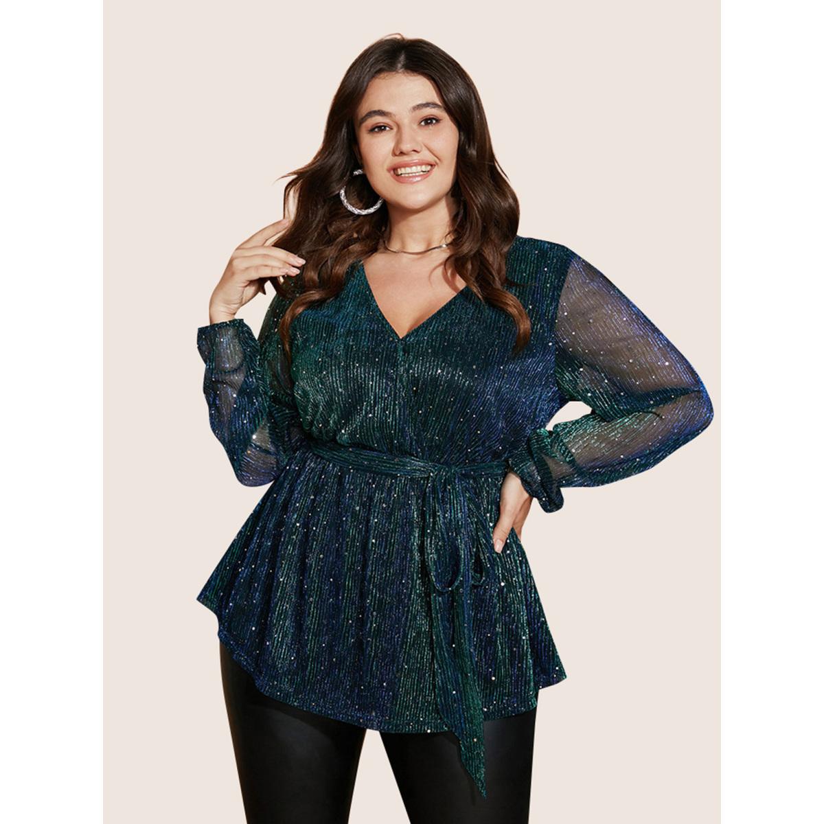 Plus Size Black Sequin Mesh Lantern Sleeve Wrap Belted Striped Blouse Women Party&Cocktail Long Sleeve Overlap Collar Party Blouses BloomChic 28/5X Product Image