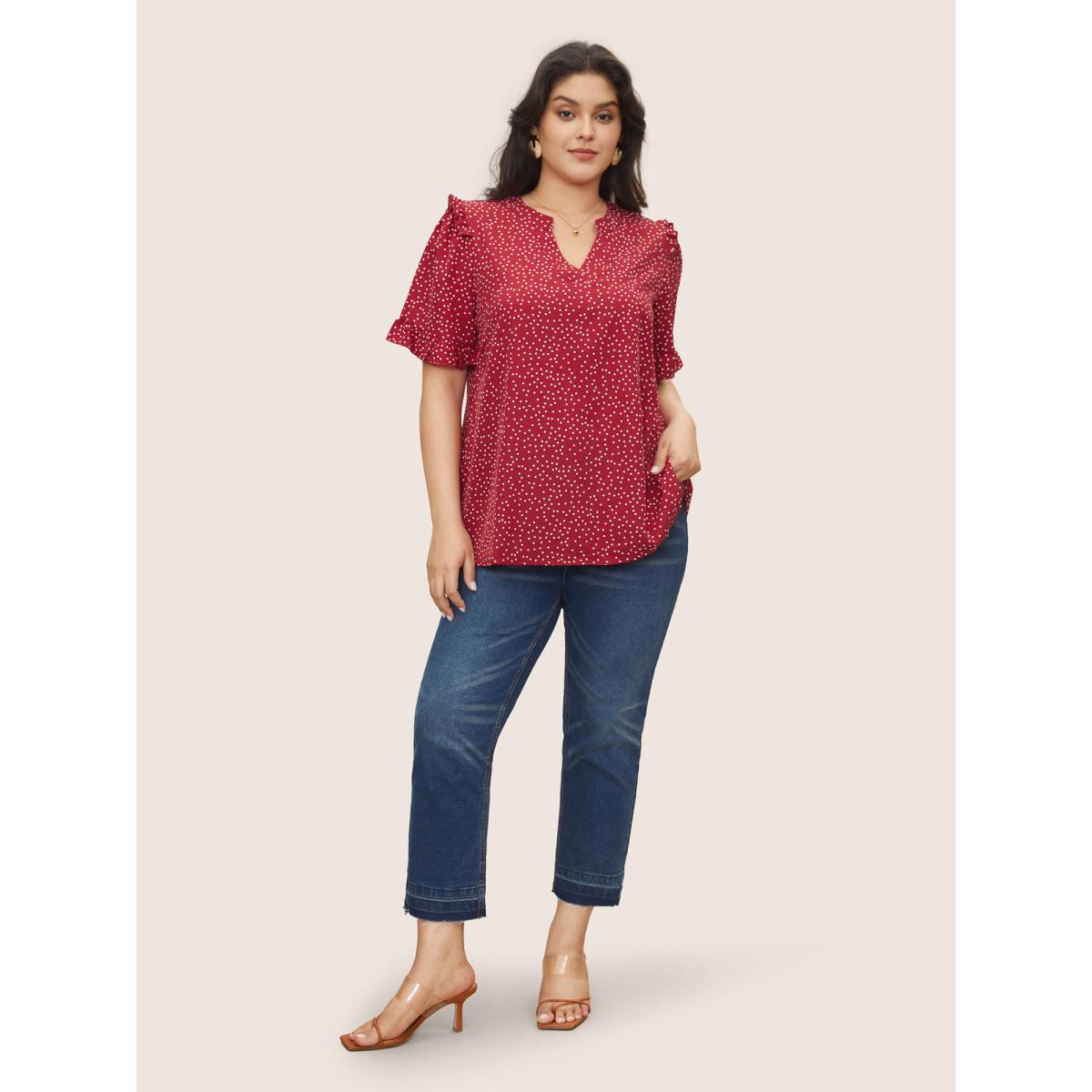 Polka Dot Ruffles Plus Size Women Blouses Elegance Casual Ruffles Ruffle Sleeve Short Sleeve V Neck Dailywear Blouses BloomChic Product Image