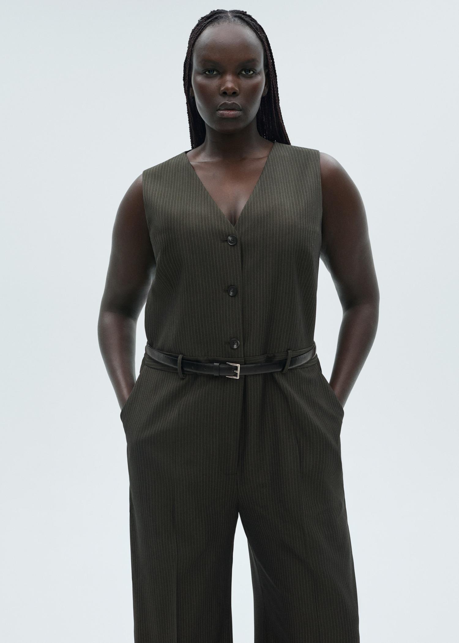 Pinstripe jumpsuit with belt - Women | MANGO USA Product Image