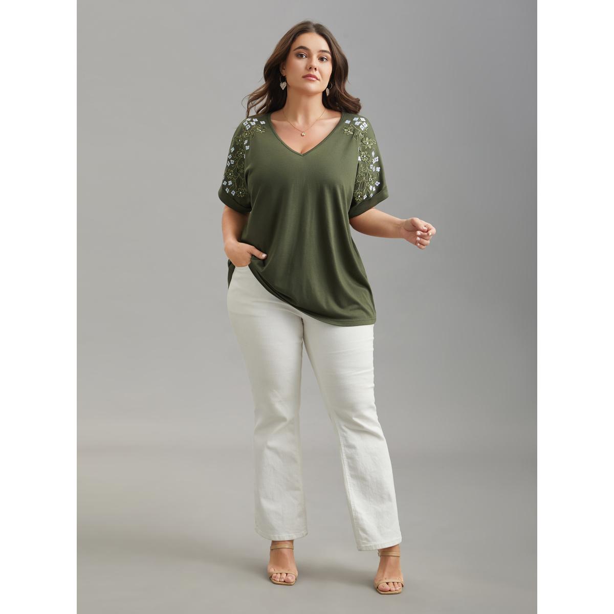 Plus Size Stretchy Embroidered Drop Shoulder T-Shirt ArmyGreen Women Timeless Roll Hem V-neck Elegant T-shirts BloomChic 22-24/3X Product Image
