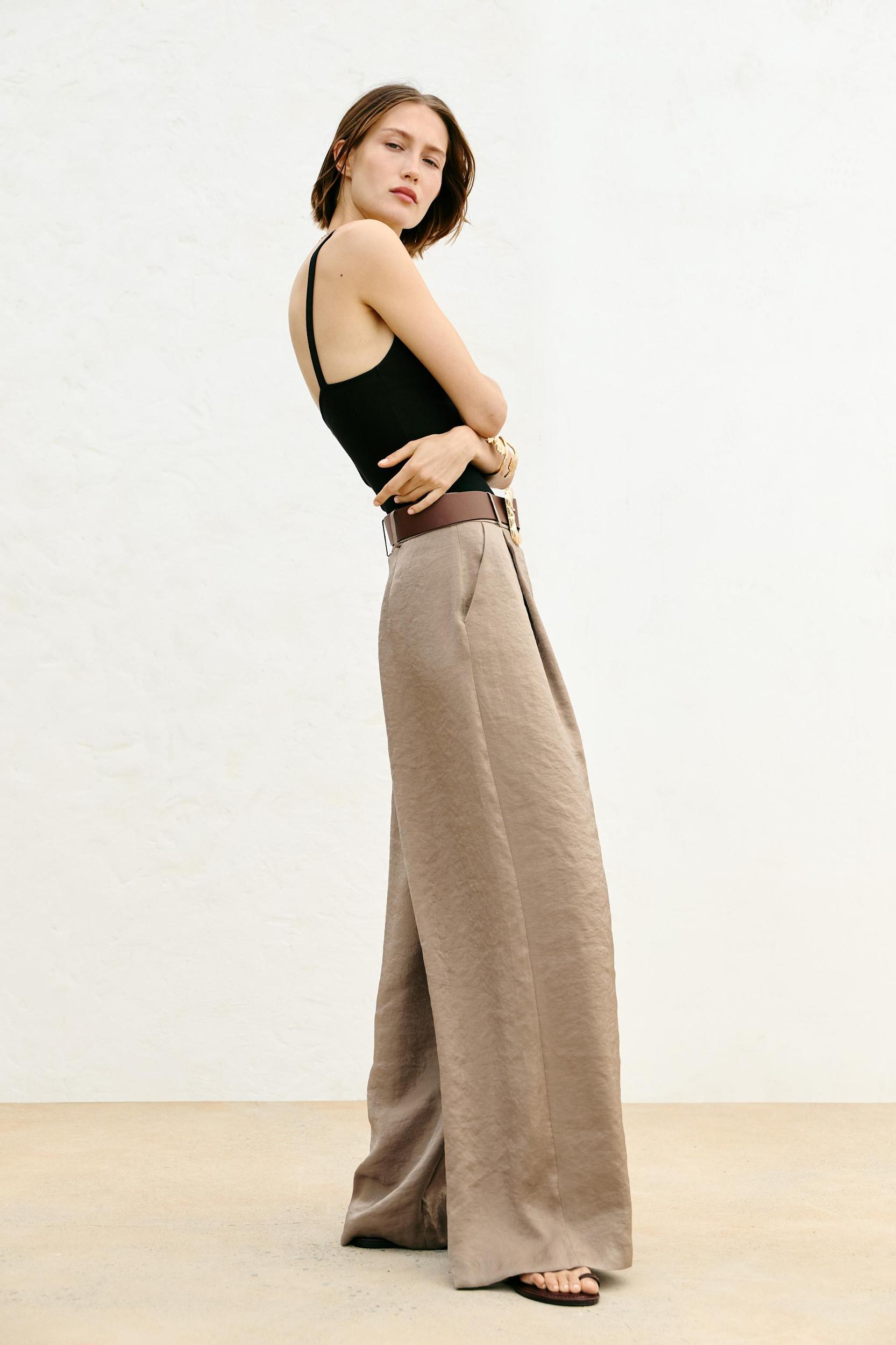 BELTED SATIN WIDE LEG PANTS Product Image
