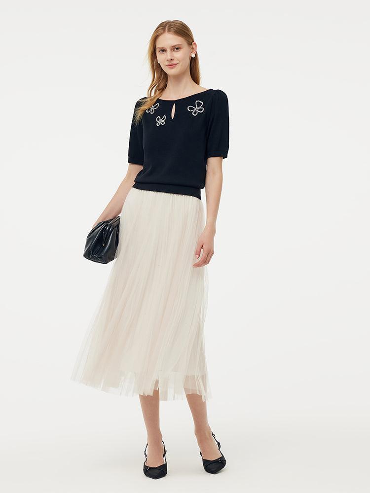 Tencel Knit Top And A-Line Mesh Skirt Two-Piece Set Product Image