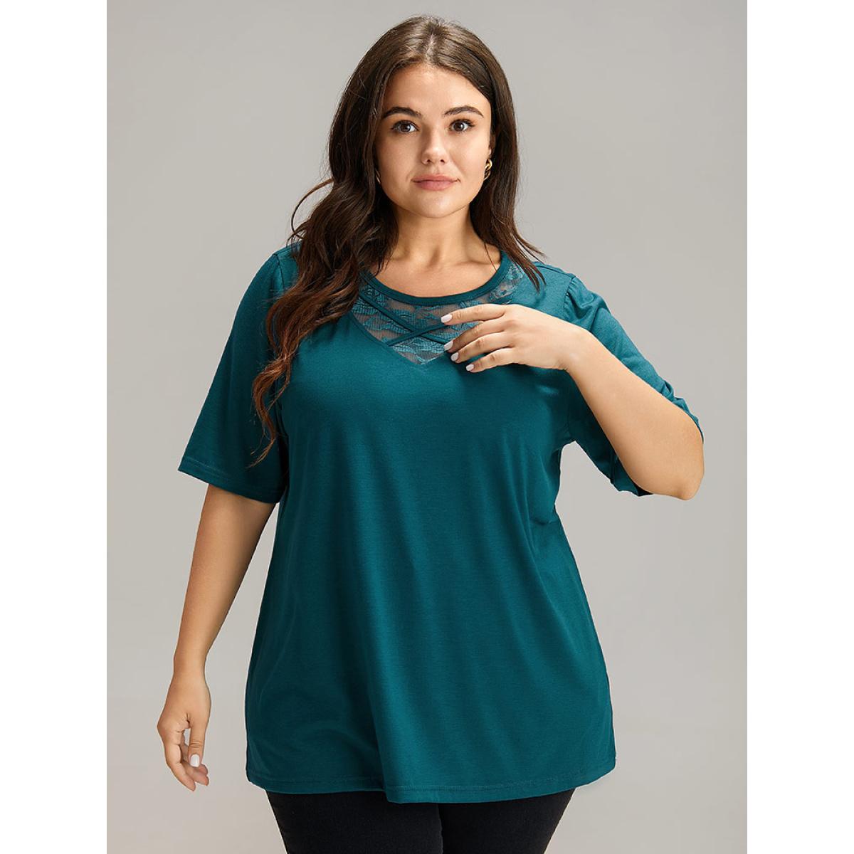 Plus Size Solid Crochet Lace Crisscross T-shirt Cyan Women Elegant Plain Plain Round Neck Dailywear T-shirts BloomChic 10/M Product Image