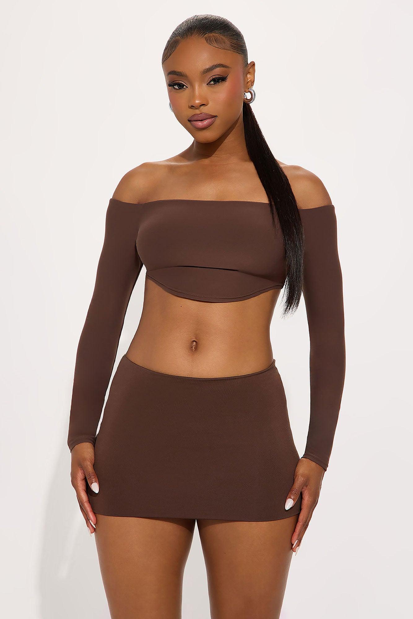 Second Skin Off Shoulder Cropped Top - Chocolate Female Product Image