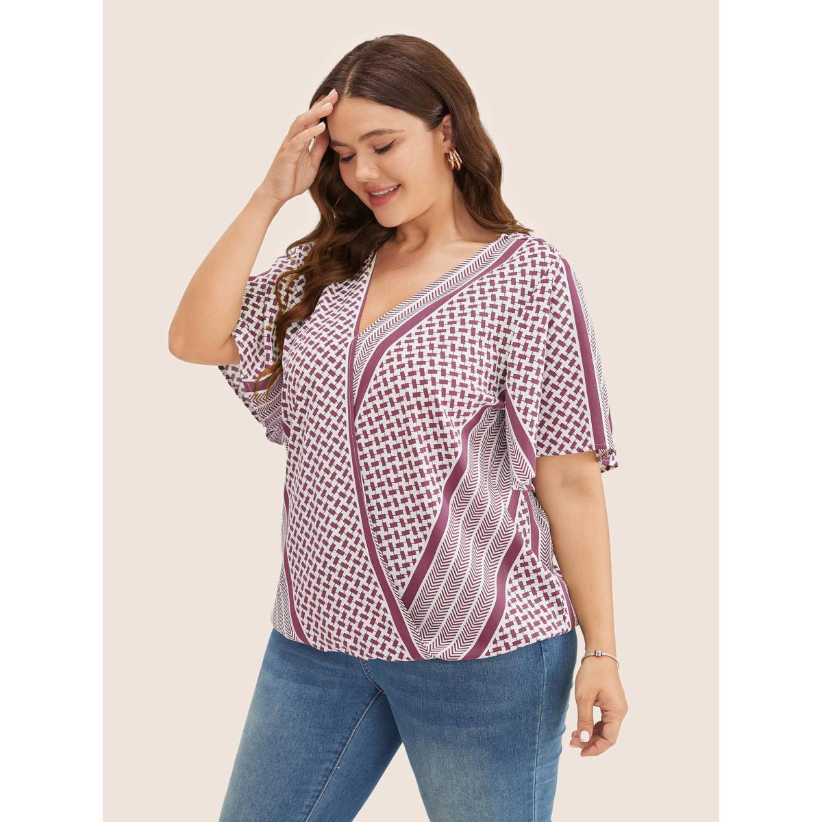 Plus Size RedViolet Geometric Contrast Ruffle Sleeve Wrap Blouse Women Resort Short sleeve Overlap Collar Vacation Blouses BloomChic 12/L Product Image