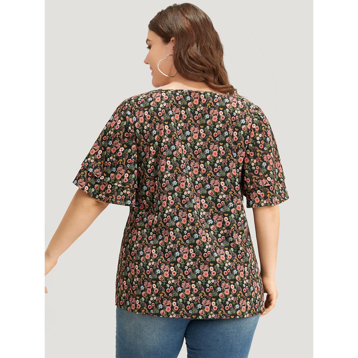 Plus Size BlackFlower Floral Print Layered Ruffle Sleeve Blouse Women Elegant Short sleeve V-neck Dailywear Blouses BloomChic 18-20/2X Product Image