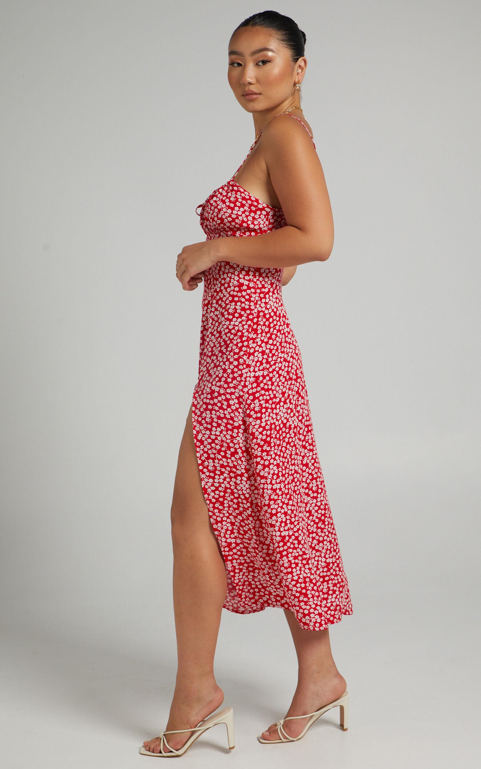 Willa Midi Dress - Ruched Bust Thigh Split Dress in Red Floral Product Image