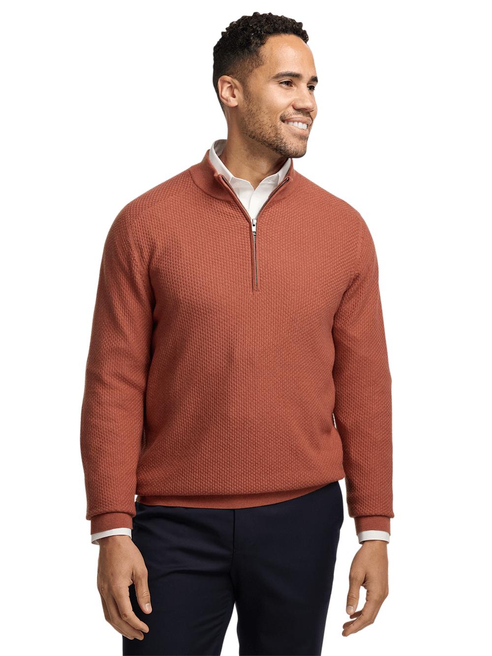 Silk Cotton Cashmere Quarter Zip Mock Neck Sweater - Terracotta Product Image