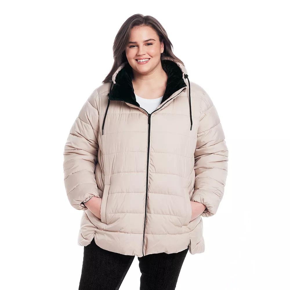 Plus Size Weathercast Hooded Puffer Coat with Cozy Pile, Women's, Size: 1XL, Beechwood Product Image