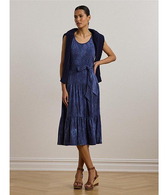 Lauren Ralph Lauren Cotton-Blend Jersey Tie Dye Scoop Neck Sleeveless Tiered Midi Dress Product Image