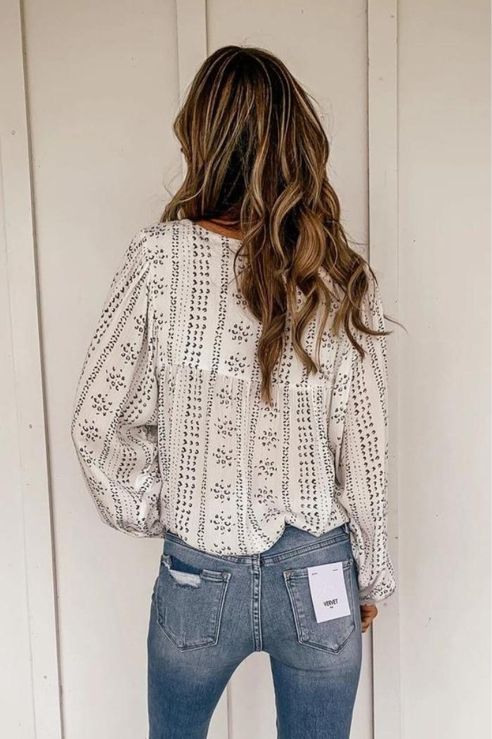 Beige Long Sleeve Embroidered Print Blouse Product Image