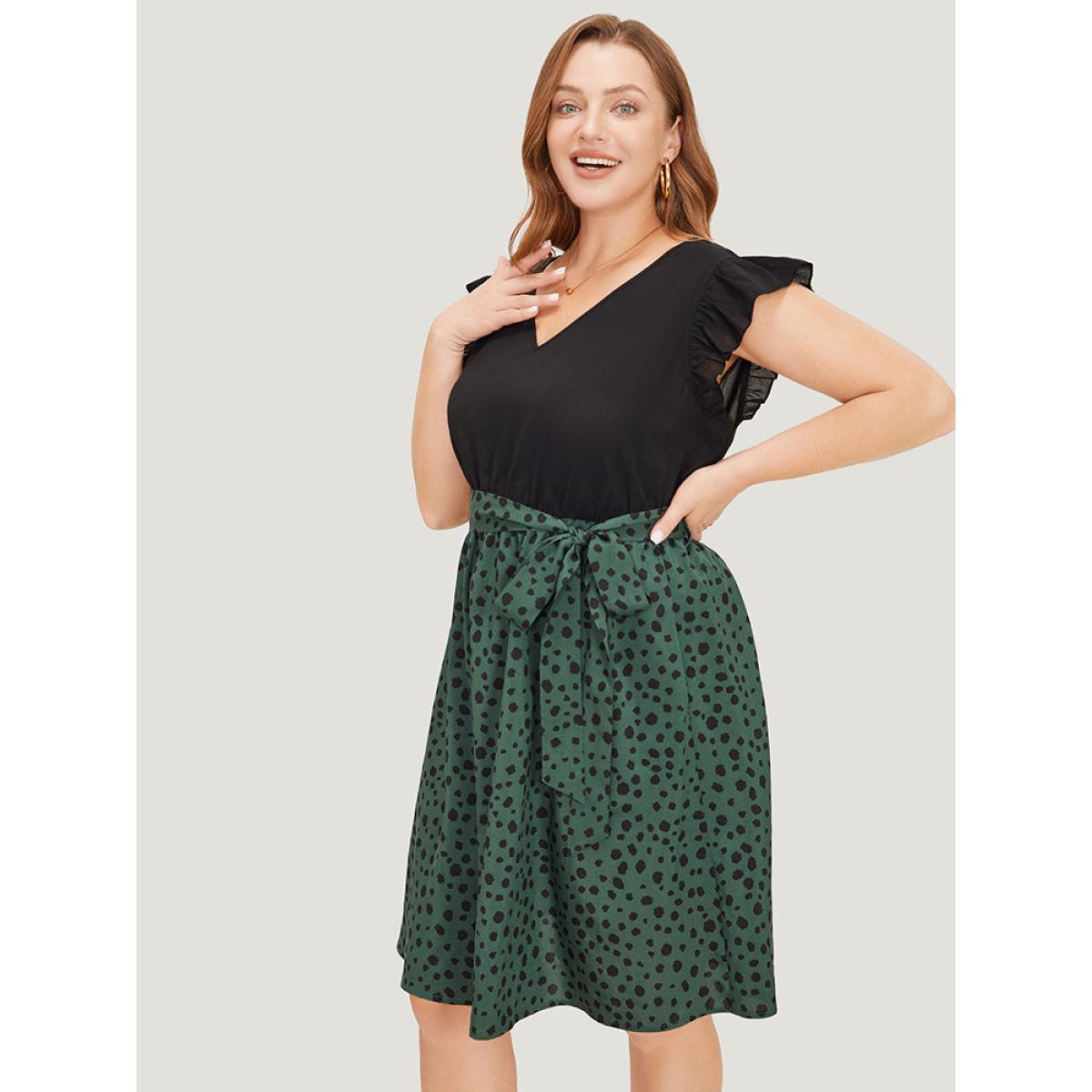 Plus Size Leopard Patchwork Pocket Belt Ruffle Dress DarkGreen Women Elegant Belted V-neck Cap Sleeve Curvy Knee Dress BloomChic 26/4X Product Image