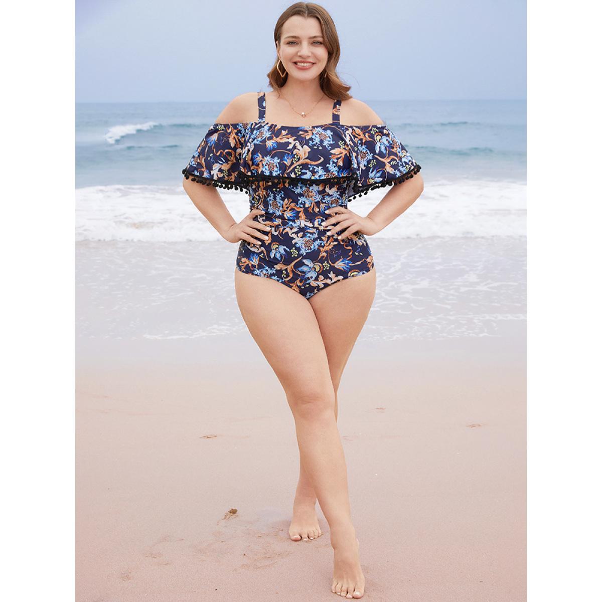 Plus Size Floral Pompom Trim Cold Shoulder One Piece Swimsuit Women's Swimwear Indigo Vacation Adjustable Straps Curve Bathing Suits High stretch One Pieces BloomChic 30/6X Product Image