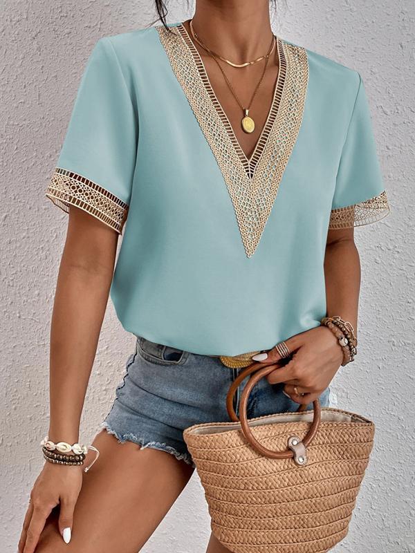 Casual Loose Lace Split-Joint V-Neck T-Shirts Tops Product Image
