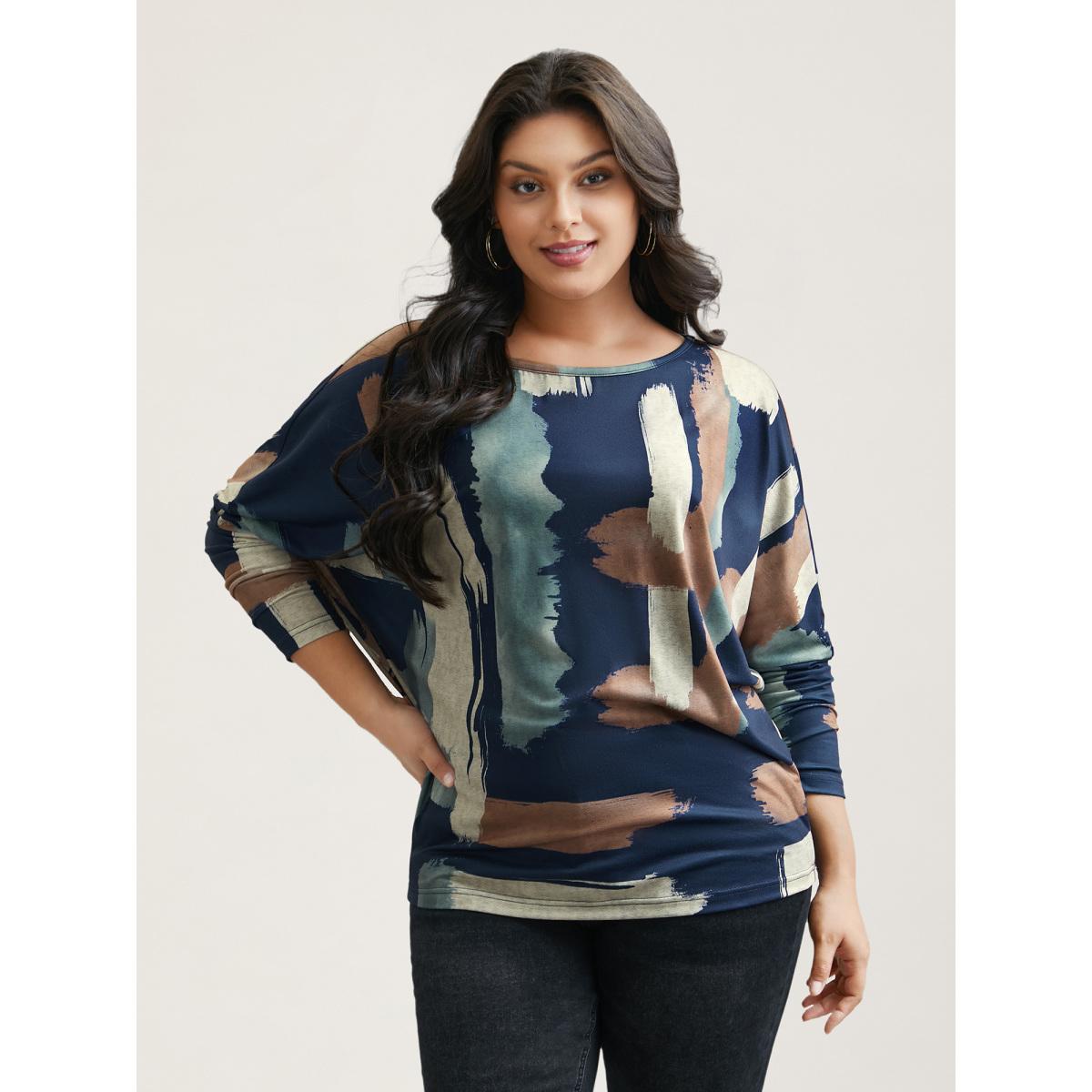 Plus Size Abstract Print Dolman Sleeve T-Shirt Multicolor Women Casual Contrast Boat Neck Everyday T-shirts BloomChic 18-20/2X Product Image