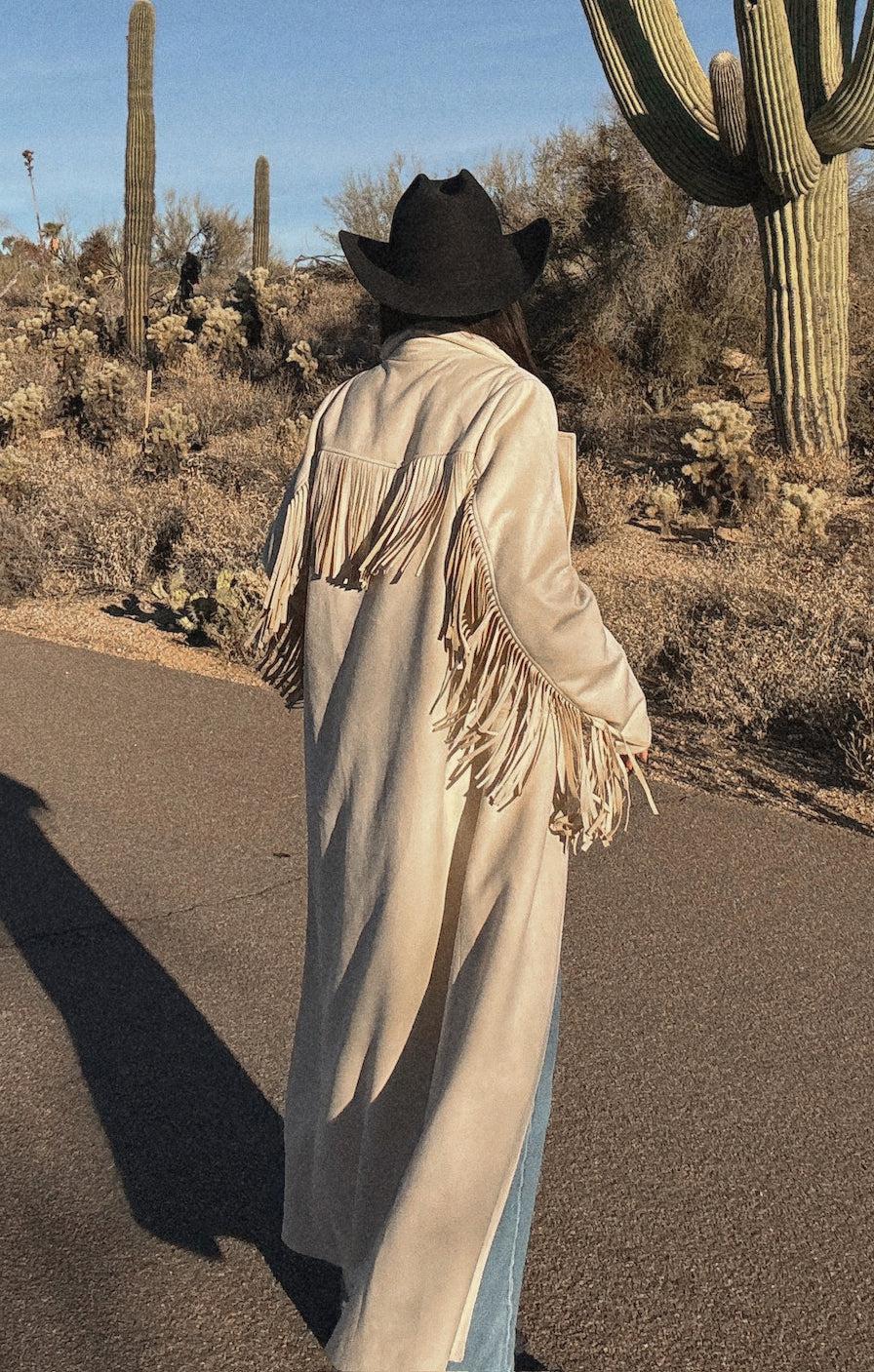 Sierra Fringe Maxi Jacket ~ Cream Faux Suede Product Image