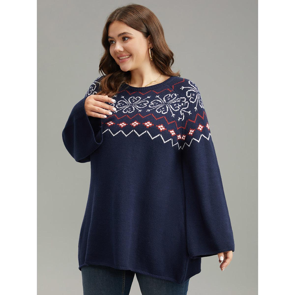 Plus Size Supersoft Essentials Geometric Bell Sleeve Pullover Indigo Women Casual Loose Long Sleeve Round Neck Dailywear Pullovers BloomChic 18-20/2X Product Image
