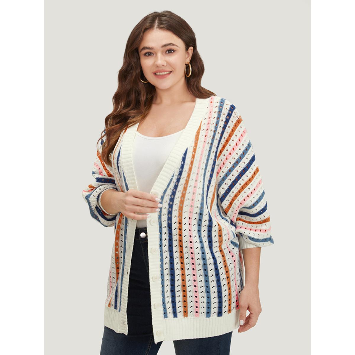 Plus Size Rainbow Striped Button Through Eyelet Cardigan Multicolor Women Casual Loose Long Sleeve Dailywear Cardigans BloomChic 26/4X Product Image