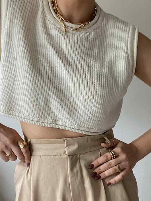 Solid Color Ribbed Loose Crop Knit Sleeveless Product Image