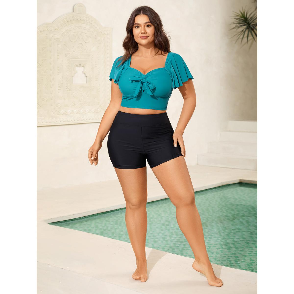 Plus Size Knotted Bodice Flared Sleeve Swim Top Women's Swimwear Teal Resort Tie knot High stretch Skinny Heart neckline Curve Swim Tops BloomChic 26/4X Product Image