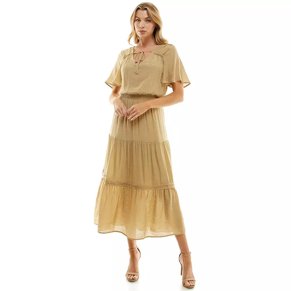 Women's Luxology Tie-Front Tiered Midi Gauze Dress, Size: Medium, Brown Product Image