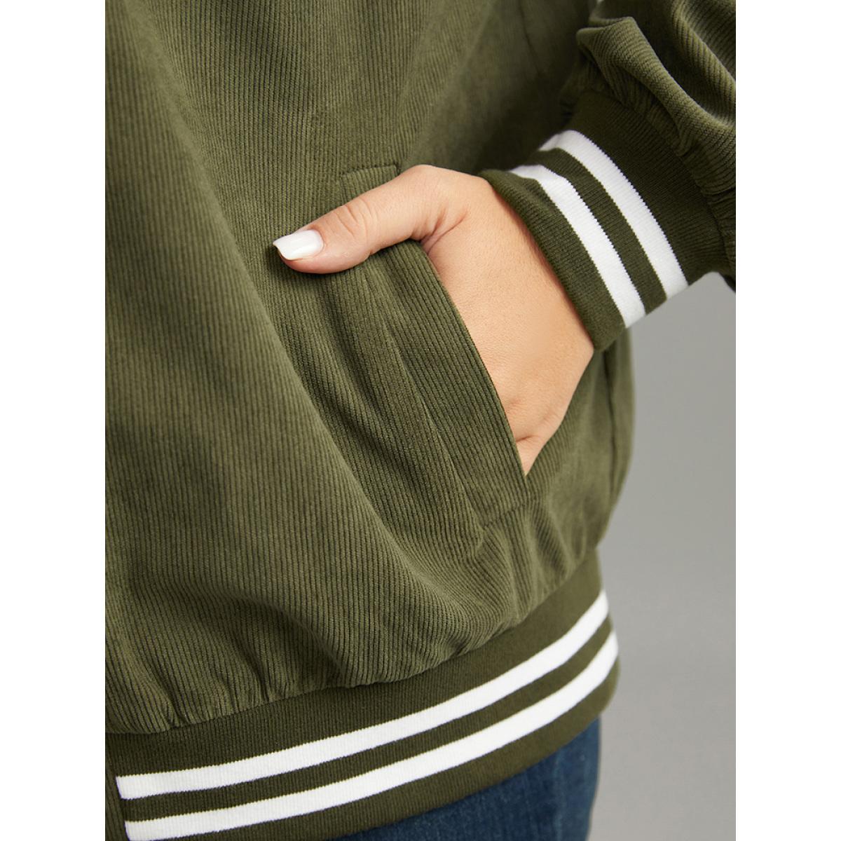 Plus Size Corduroy Striped Trim Button Up Jacket Women ArmyGreen Elastic cuffs Pocket Dailywear Jackets BloomChic 14-16/1X Product Image