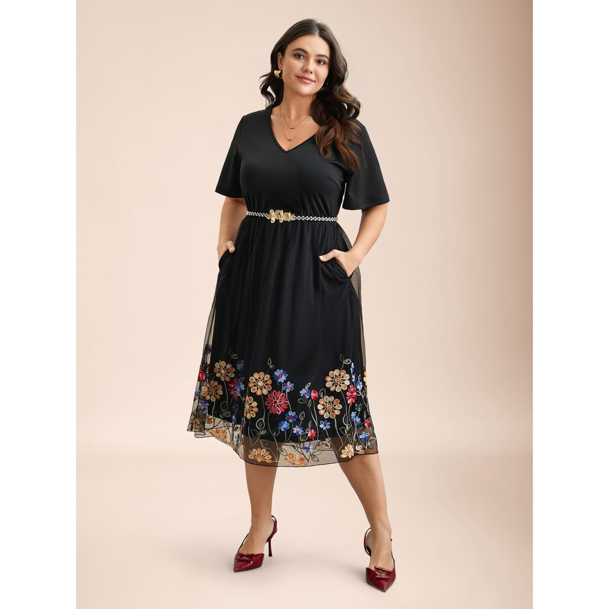 Plus Size Floral Embroidered Hem Stretchy-Waist Pockets Midi Dress BlackFlower Women Elegant See through V-neck Short sleeve Curvy BloomChic 22-24/3X Product Image