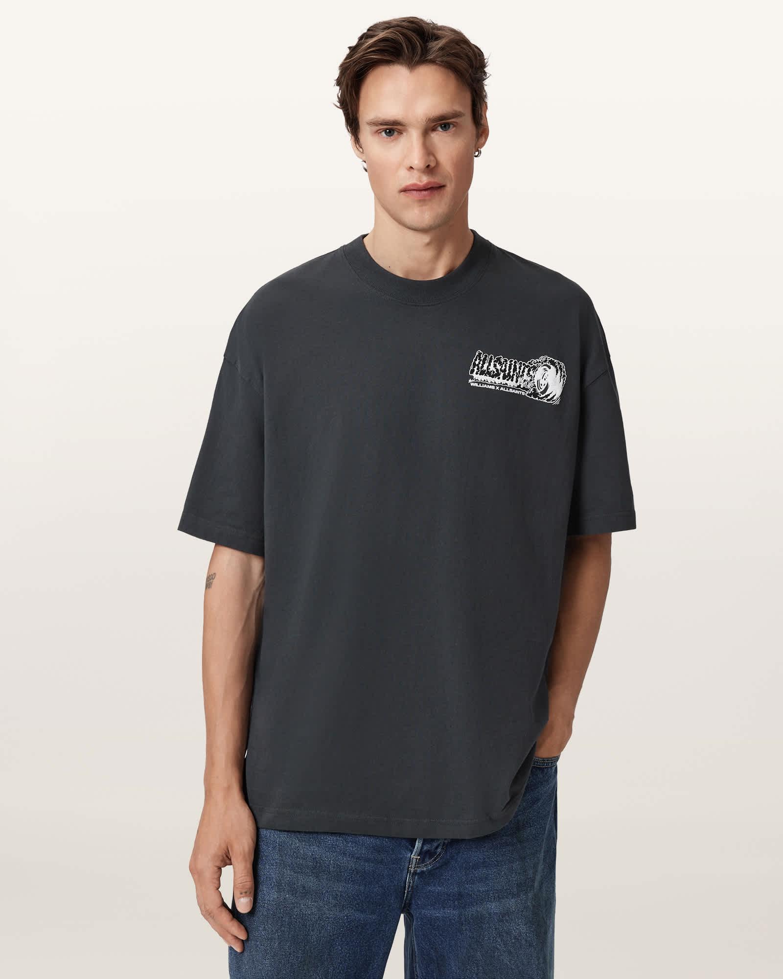 Williams X AllSaints Burnout Crew Neck T-Shirt Washed Black | ALLSAINTS US Product Image
