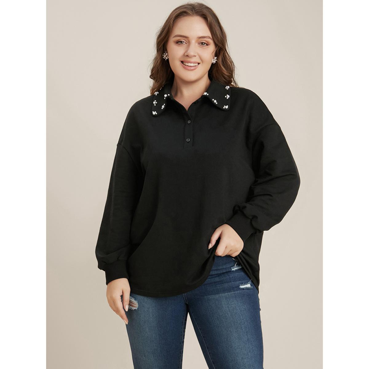 Plus Size Solid Button Up Pearl Beaded Polo Neck Sweatshirt Women Black Elegant Beaded Polo Dailywear Sweatshirts BloomChic 10/M Product Image