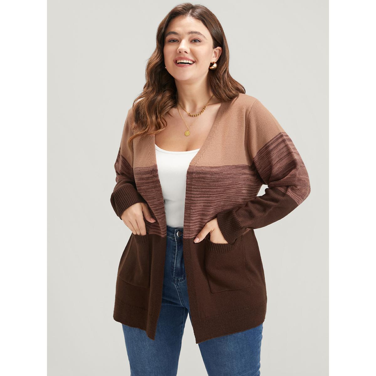 Plus Size Colorblock Contrast Pointelle Knit Pocket Belted Open Front Cardigan Multicolor Women Casual Loose Long Sleeve Dailywear Cardigans BloomChic 12/L Product Image