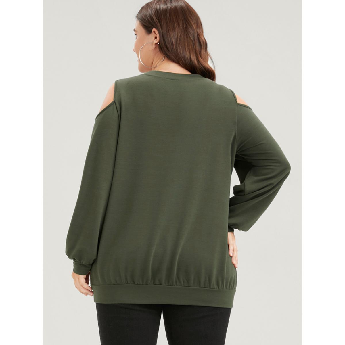 Plus Size Floral Print Cold Shoulder Sweatshirt Women ArmyGreen Elegant Printed Loose Round Neck Dailywear Sweatshirts BloomChic 18-20/2X Product Image