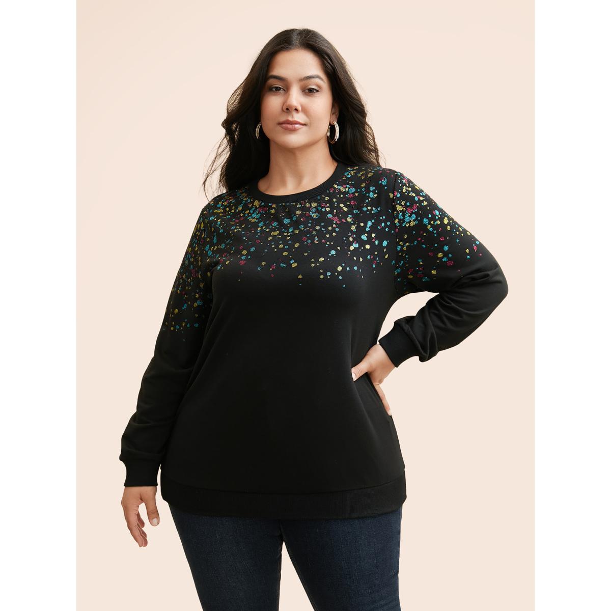 Plus Size Crew Neck Color Glitter Sweatshirt Women Black Casual Patchwork Round Neck Everyday Sweatshirts BloomChic 22-24/3X Product Image