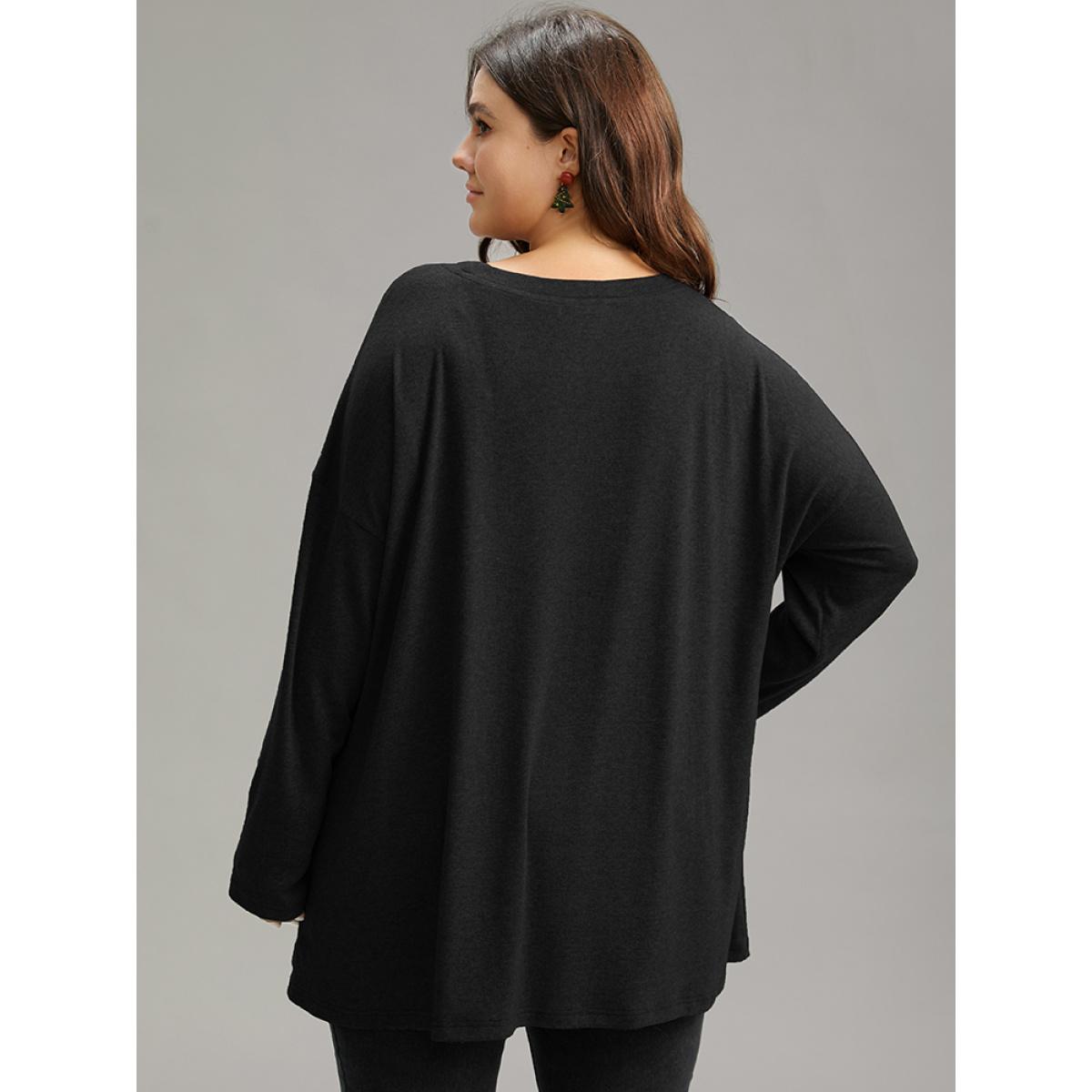 Plus Size Christmas Letter Plaid Patchwork Pocket T-shirt Black Women Casual Contrast Christmas Festival-Halloween T-shirts BloomChic 22-24/3X Product Image