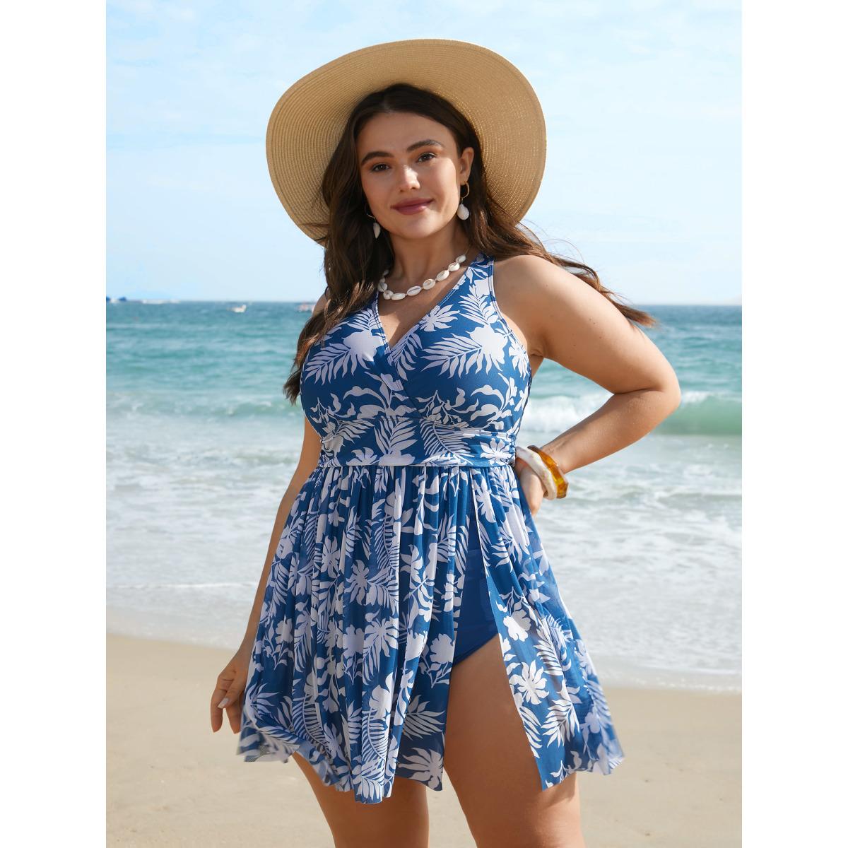 Plus Size Tropical Print Adjustable Slit Swim Dress Women's Swimwear Cerulean Beach Bodycon Overlap Collar High stretch Curve Swim Dresses BloomChic 18-20/2X Product Image