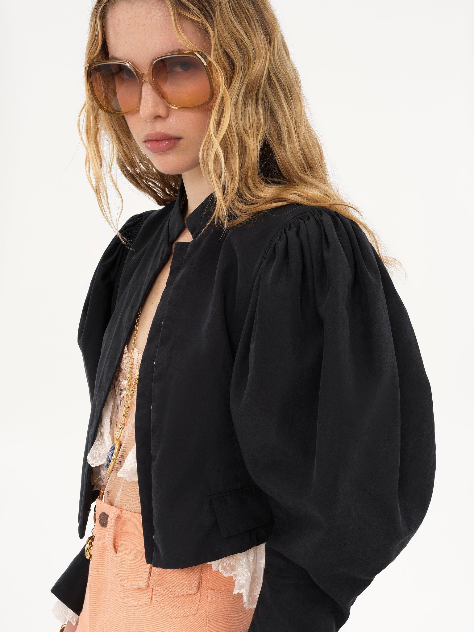 Puff-sleeve cropped jacket in silk faille Product Image