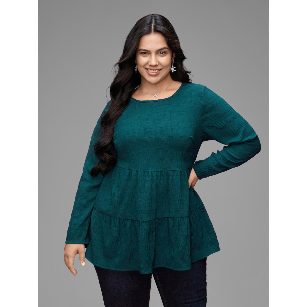 Plus Size Cyan Textured Round Neck Tiered Hem Blouse Women Casual Long Sleeve Round Neck Everyday Blouses BloomChic 28/5X Product Image