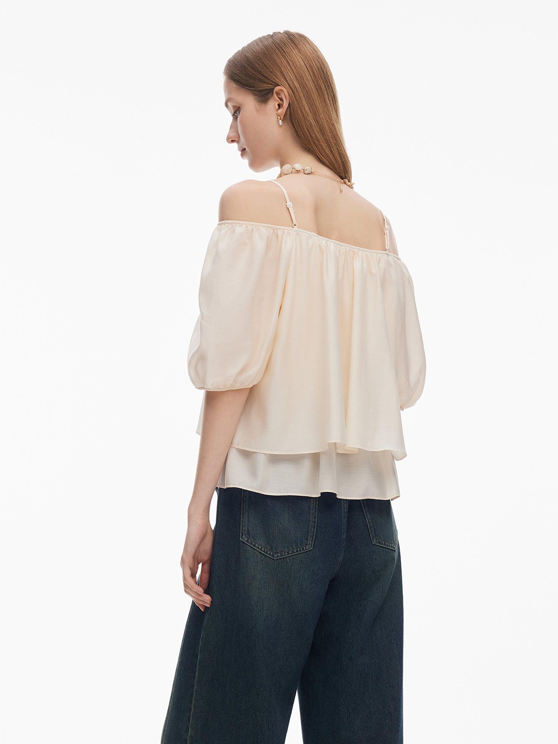 Acetate Blend Convertible Neckline Women Ruffle Hem Top Product Image