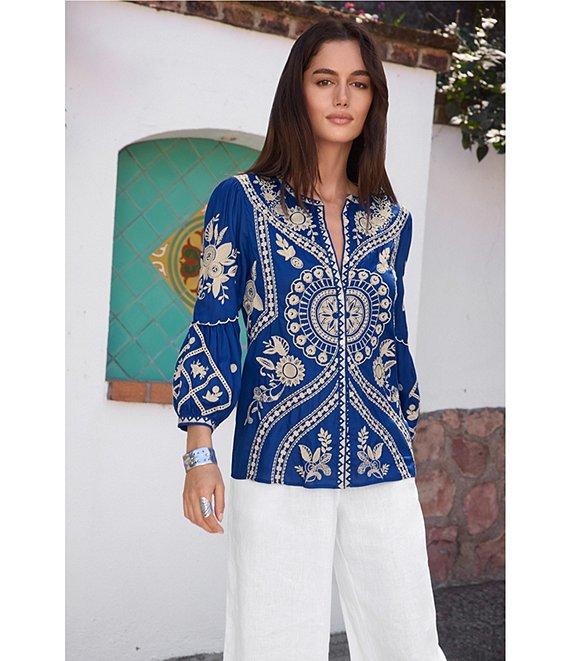JOHNNY WAS Embroidered Floral Round Neck Long Puff Sleeve Button Front Blouse Product Image