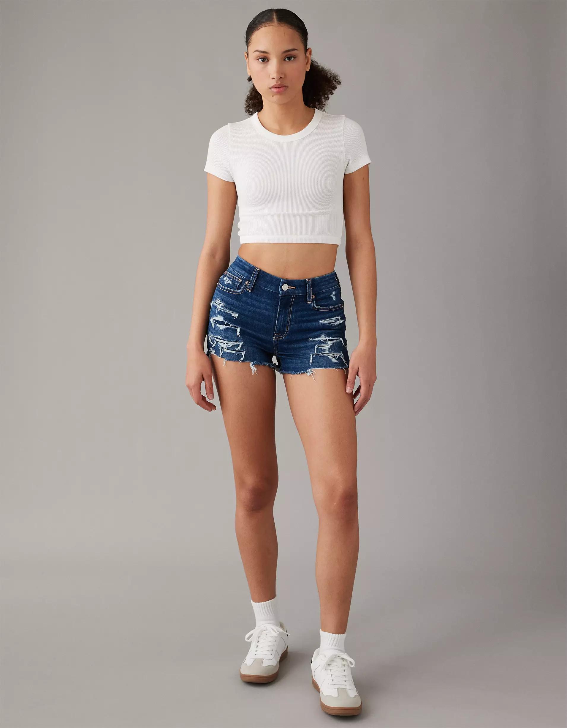 AE Next Level Curvy Ripped High-Waisted Denim Short Short Product Image