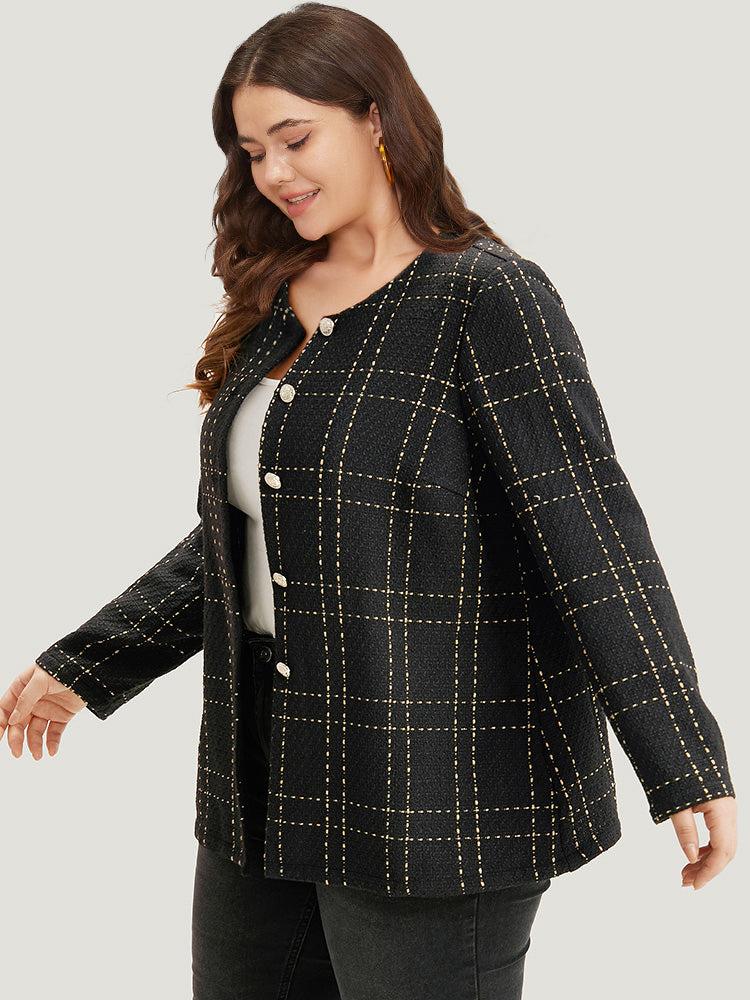 Plaid Pattern Button Up Crew Neck Coat Female Product Image
