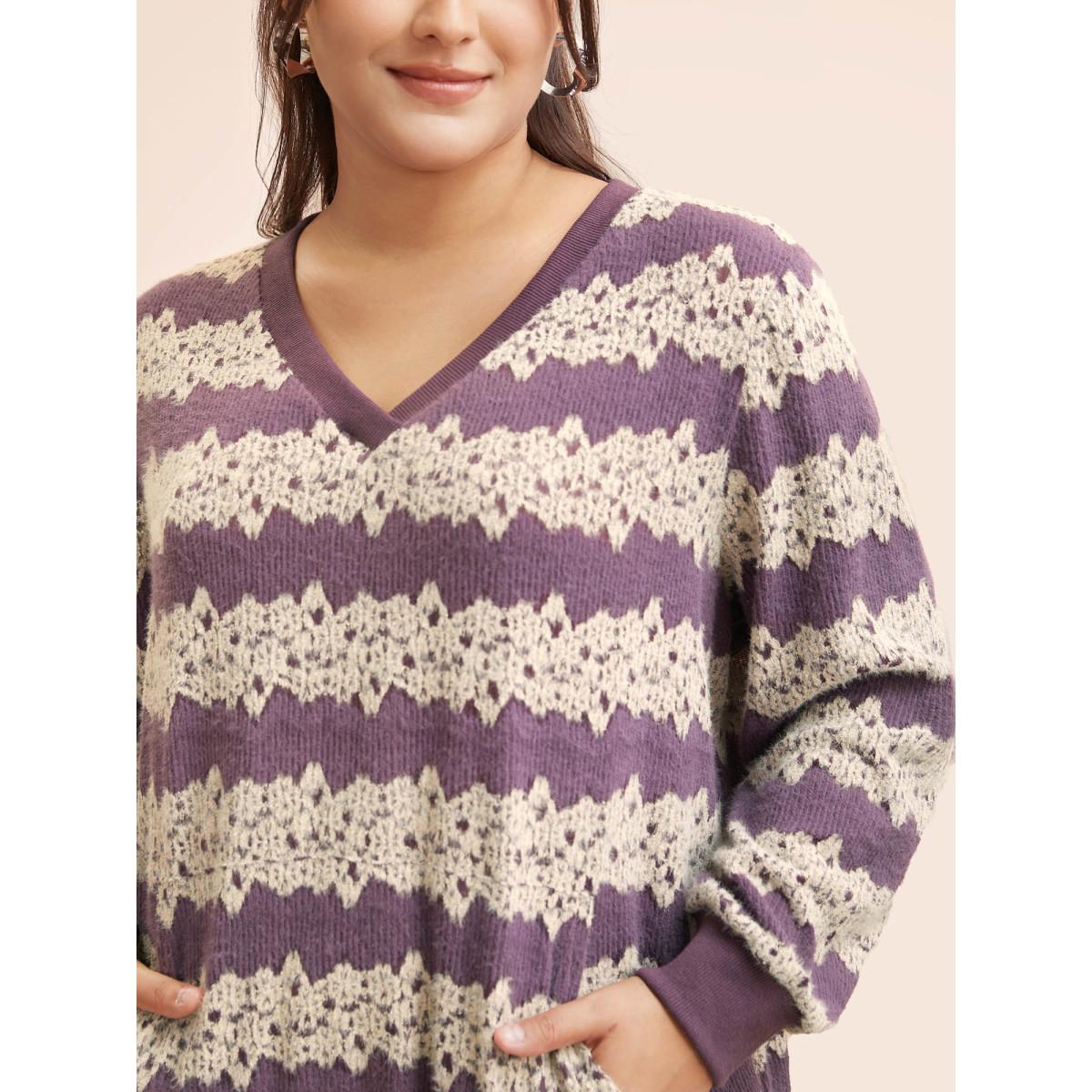 Plus Size Striped Patchwork Contrast Texture Sweatshirt Women Mauve Casual Texture Loose V-neck Everyday Sweatshirts BloomChic 28/5X Product Image